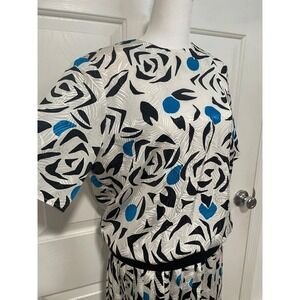 Vintage 80s Kasper A.S.L. Top Skirt Set Geometric Print Knee Length Satin 12 L M